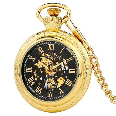 Men's Mechanical Wind Up Pocket Watch Roman Numerals Dial Open Face Fob Chain