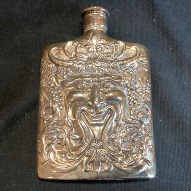 Godinger 1988 Silver Plated Bacchus Ornate Metal Flask 6" Dionysus Greek god