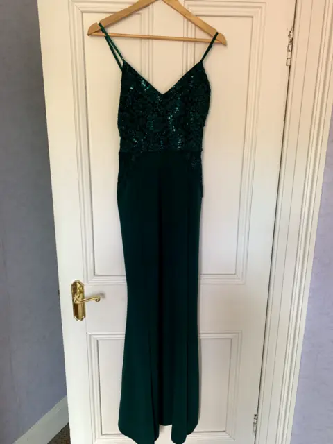 Quiz emerald green strappy sequin & lace maxi dress Size UK 10