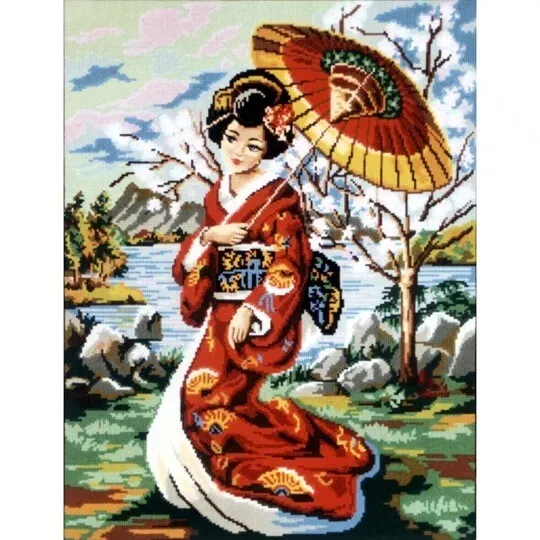 Geisha und Baum in Blüte orientalischer Wandteppich Nadelspitze Leinwand Kobold