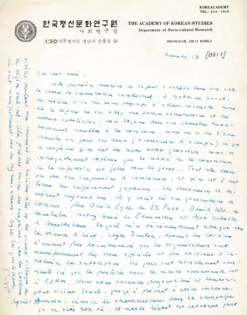 Claude LÉVI-STRAUSS - Lettre autographe signée - Découverte de la Corée du Sud.