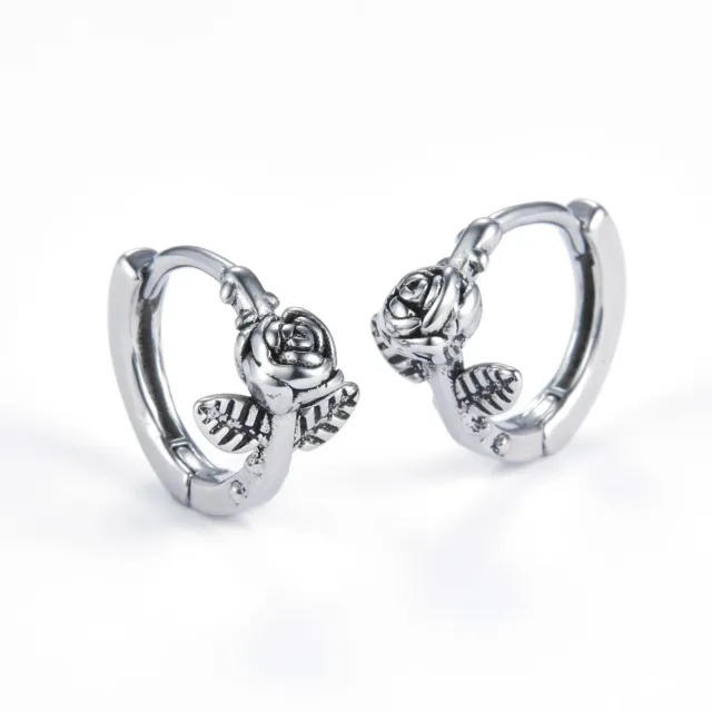 Punk Silver Rose Flower Huggie Hoop Earrings Stainless Steel Retro Rock Jewelry