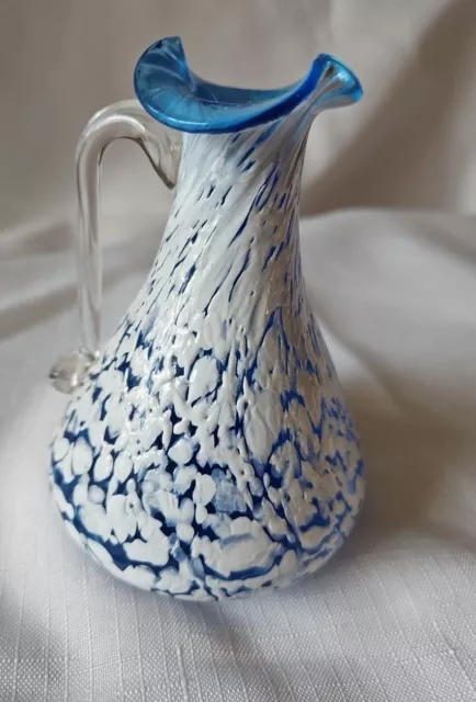 Vtg Hand Blown Pilgrim Art Glass Light Blue Splatter Small Pitcher 4.5 In 2