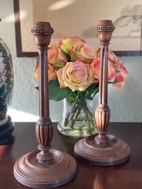 Vintage English Antique Style Wood Carved Candle Stick Pair Ca. 13”h