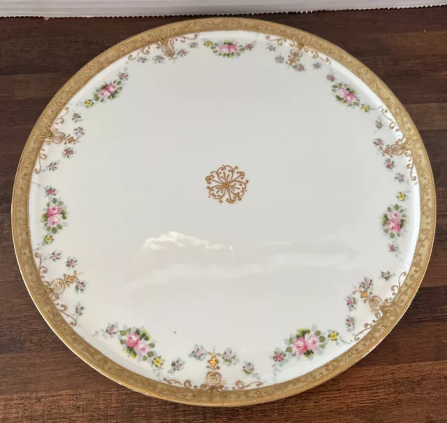 HAND PAINTED NIPPON 12” Serving PLATE Platter WITH PINK ROSES GOLD GILT DESIGNS