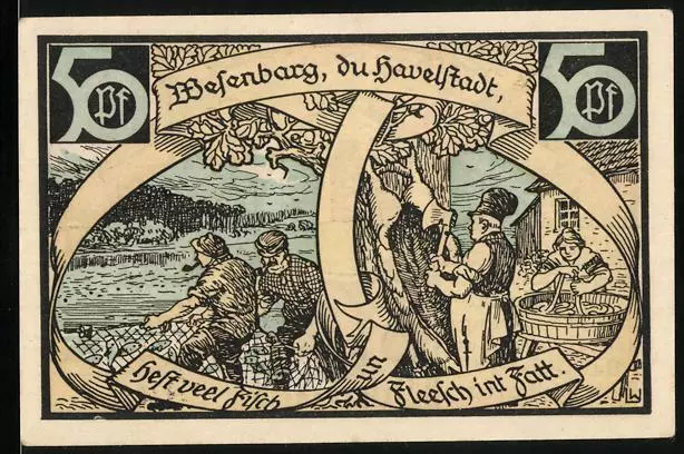 Notgeld Wesenberg 1921, 50 Pfennig, Wappen, Fischer und Fleischer