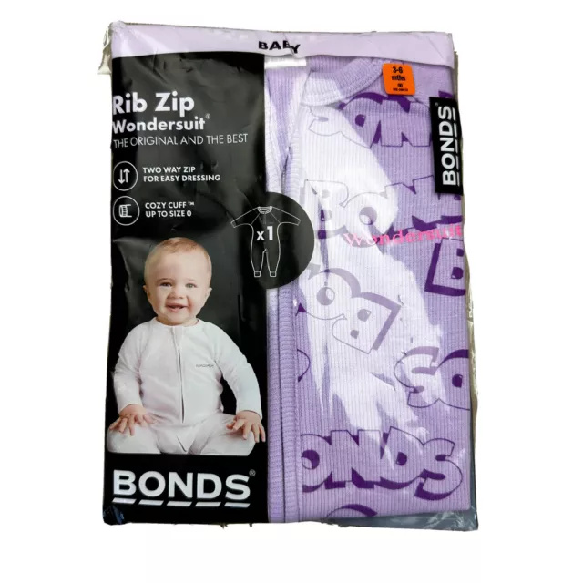 Bonds Zippy Sz 3-6 Months Purple Ribbed Logo Print New In Pack Long Wondersuit