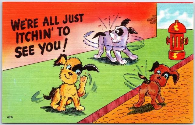 VINTAGE POSTCARD "WE'RE ALL JUST ITCHIN' TO SEE YOU!" 1940s COMIC HUMOR