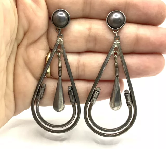 Vintage Southwest Old Pawn Handmade Solid Sterling Silver Large Dangle Earrings