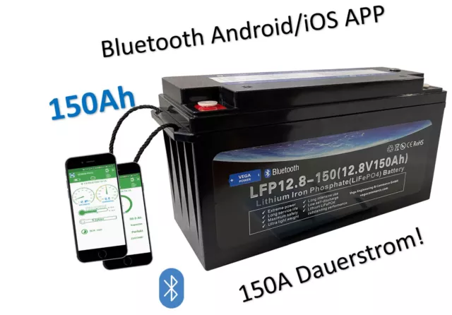 12V LiFePO4 100AH Lithium Akku mit BMS Bluetooth USB für Camper Boot Solar