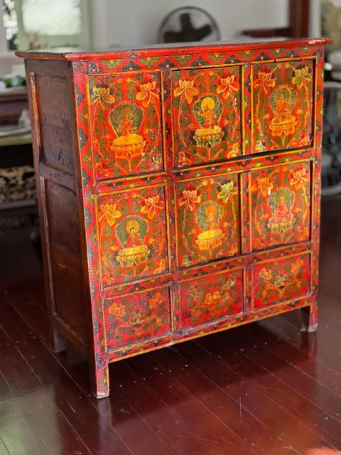 Antique Tibetan Hand Painted Elmwood Cabinet Sideboard Buffet w Buddhist Imagery