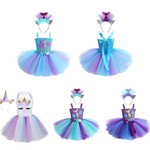 Girls Halloween Party Dress Costume Mermaid Tulle Skirts Headband Shiny Outfits