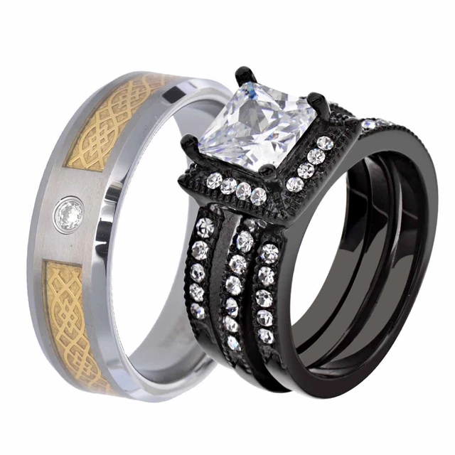 His & Her Wedding Ring Sets Black Stainless Steel CZ Celtic Scroll Tungsten Men