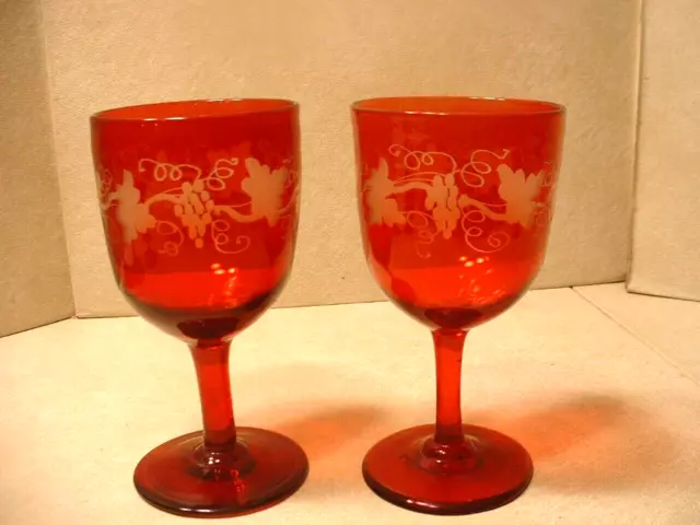 2 Antique 19ThC Blown Cranberry Flashed Goblets with Wheel Cut Motifs