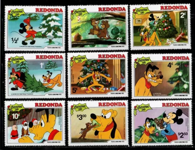 Redonda 1981 - Disney - Christmas Donald, Pluto - Set of 9 Stamps - MNH