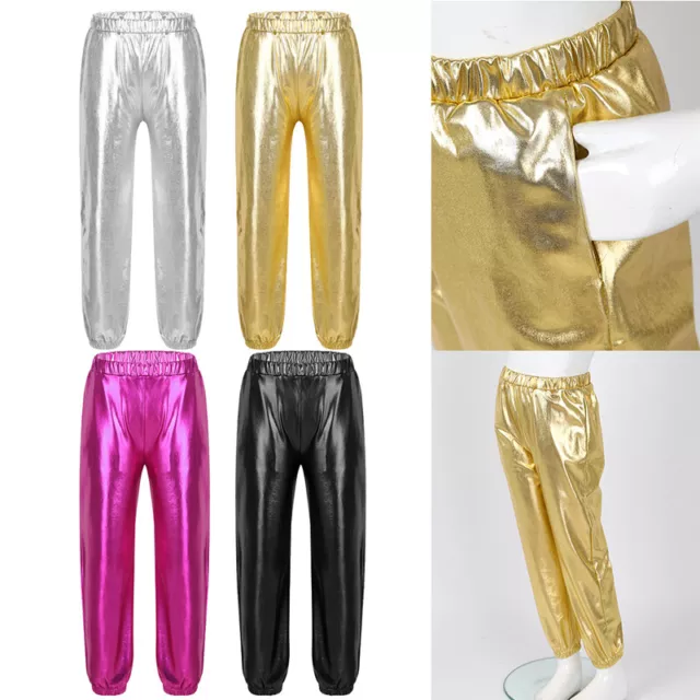 Kids Girls Glossy Dance Pants High Waist Hip Hop Trousers Streetwear Sweatpants