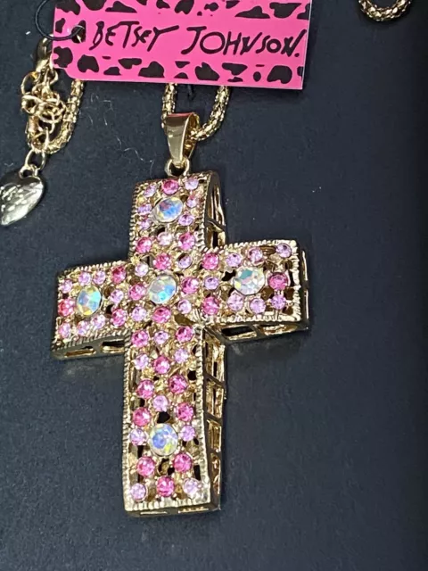 Betsey Johnson 3 Dementional Pink Rhinestone Cross Necklace