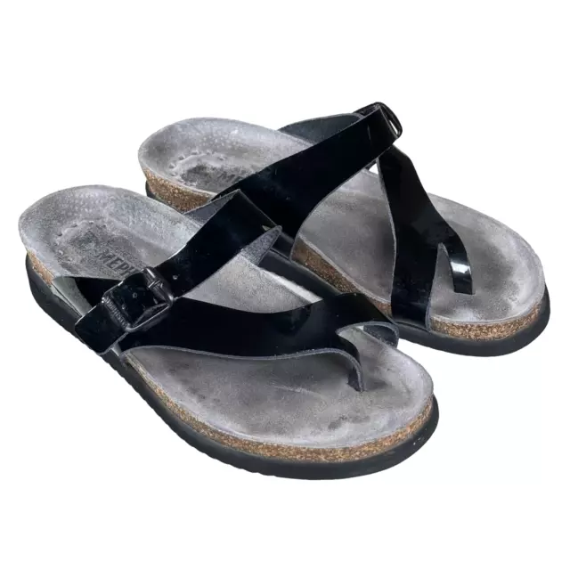 Mephisto HELEN Black Patent Leather Toe Thong Sandals Sz 38 /US 8