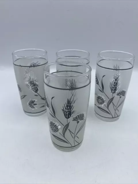 Vintage Libbey Frosted Juice Glasses Silver Wheat Mid Century 4" Set of 4