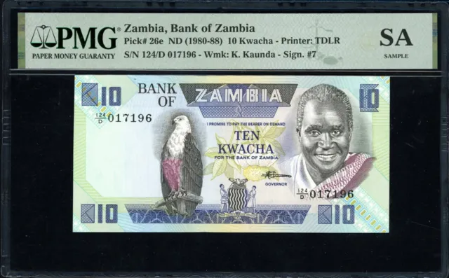 Zambia ND (1980-88) 10 Kwacha Bank of Zambia Note SCWPM-26e PMG Certified SAMPLE