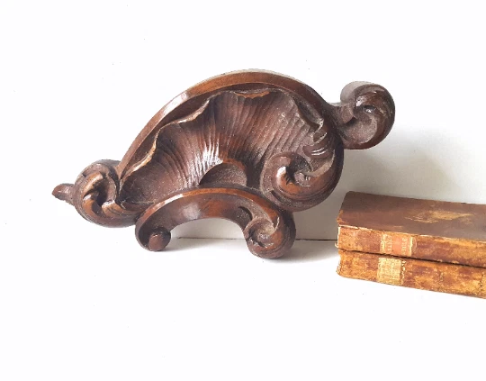 Scroll leaf wood carving pediment 13 in - Antique French salvaged architectural 2