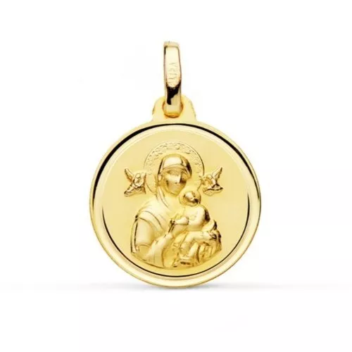 Pendente Oro 18k 750 Mls. Medaglia Vergine Perpetuo Rilievo 16 Mm. 1,70 Grammi