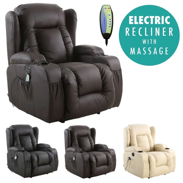 Caesar Electric Leather Auto Recliner Massage Heated Gaming Wing Sofa Chair