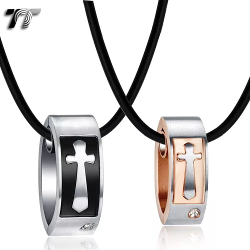 TT Black/Rose Gold S.Steel Oval Cross Pendant Necklace For Couple Engravable