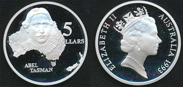 Australia: 1993 $5 Abel Tasman 1.15oz Large Silver Proof.