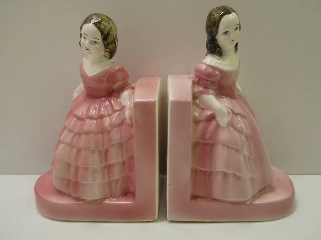 Hertwig Co Katzhutte Pottery Girl Crinoline Dress Bookends Statue Figurine