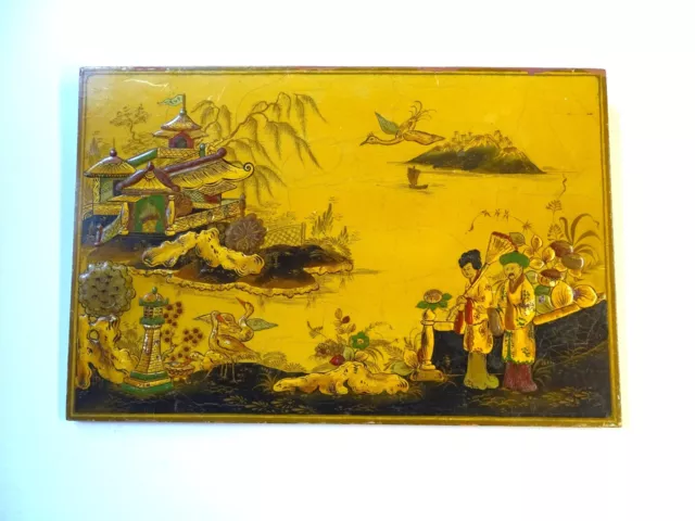 Antique Chinese lacquer wood plaque Republic Period yellow ochre gold green red