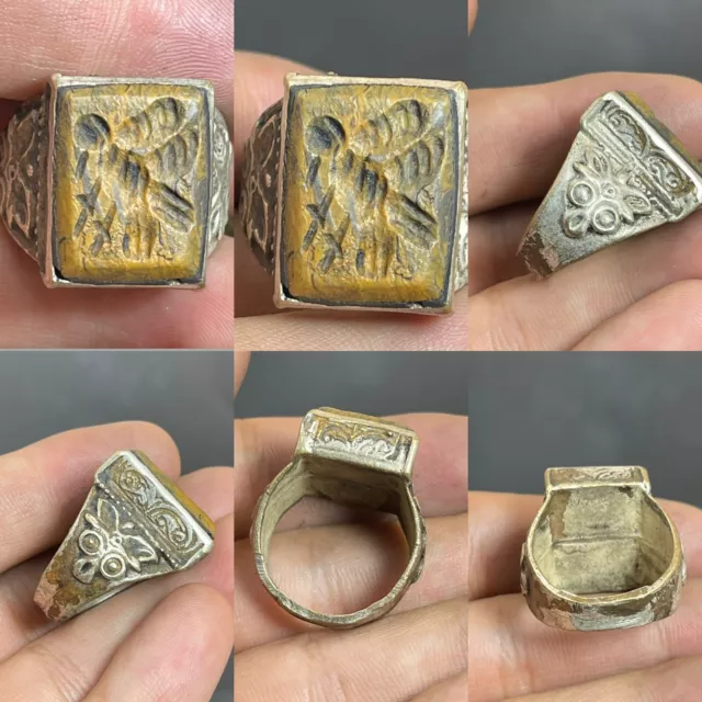 Wonderful Post Medieval Islamic Ottoman Old Brass Seal Ring With Jasper Stone