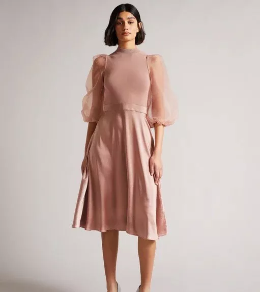 Abito da pattinatore midi Ted Baker Lharra rosa scuro lavorato a maglia raso e organza taglia 1 UK 8