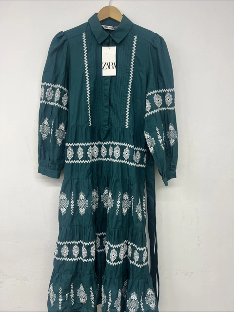 BNWT ZARA GREEN Dress with Cutwork Embroidery Size XS 34.99 - PicClick UK