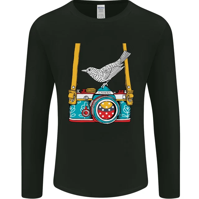 T-shirt a maniche lunghe fotocamera con un fotografo di uccellini