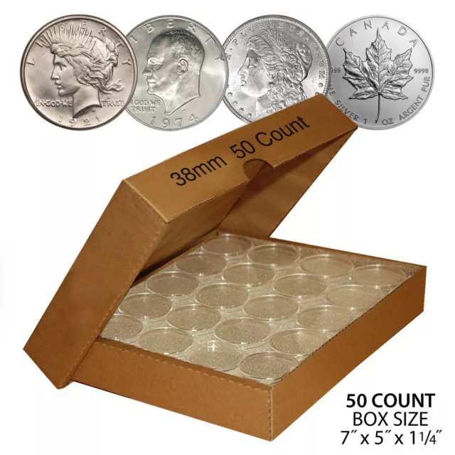 50 PEACE DOLLAR Direct-Fit Airtight 38mm Coin Capsule Holder (QTY: 50) with BOX