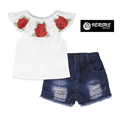Bambina Maglia Top Spalle Scoperte Jeans Pantaloncini Girl t-shirt Set SETCH20