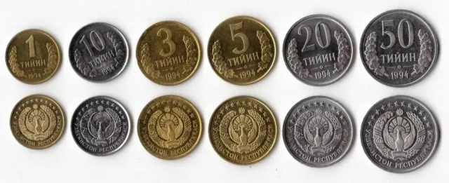Uzbekistan set of 6 coins  1994  1 3 5 10 20 50 Tyin UNC