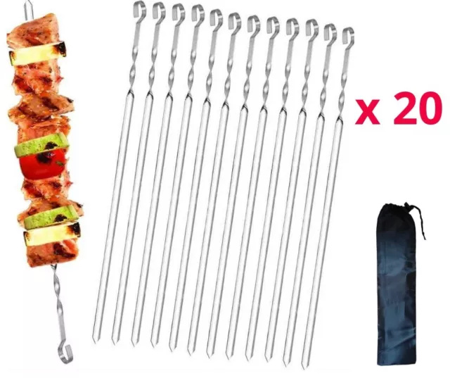 20 Set 38cm BBQ Barbecue Steel Grilling Turkish Kebab Flat Skewers Needle W/ Bag