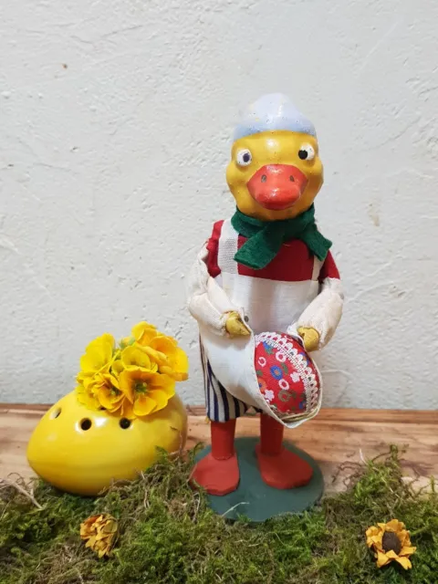 antik mechanische Oster Ente Küken Pappmache Figur Erzgebirge Donald Duck