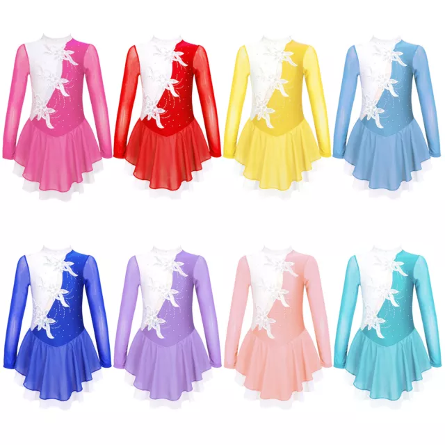 UK Kids Girls Shiny Long Sleeve Dress Figure Skating Gymnastic Leotard Dancewear