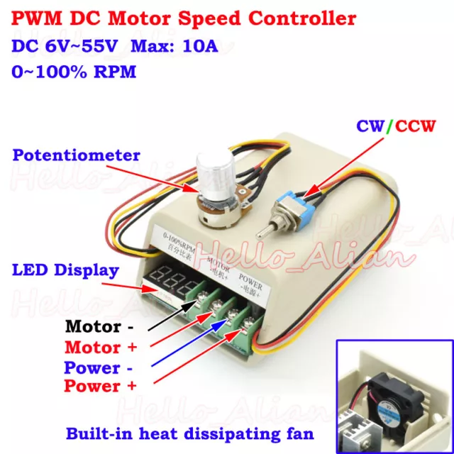 DC 6-55V 12V 24V 48V 10A PWM DC Motor Speed Controller CW CCW Reversible Switch