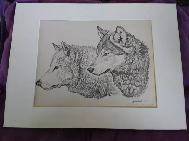 WOLVES HEADS SKETCHED GRAPHITE PENCIL ART Sandra Johansson signed 186/200    B2