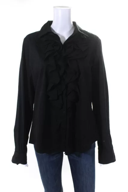 Lauren Ralph Lauren Women's Long Sleeves Ruffle Button Down Shirt Black Size L