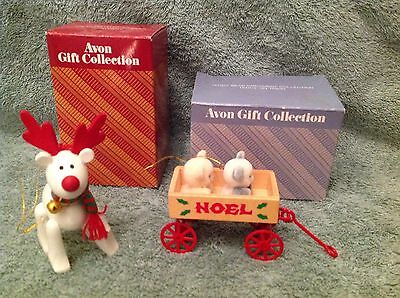 AVON Christmas Ornaments set  2~Teddies on Wagon & Belvedeer, The Xmas Reindeer