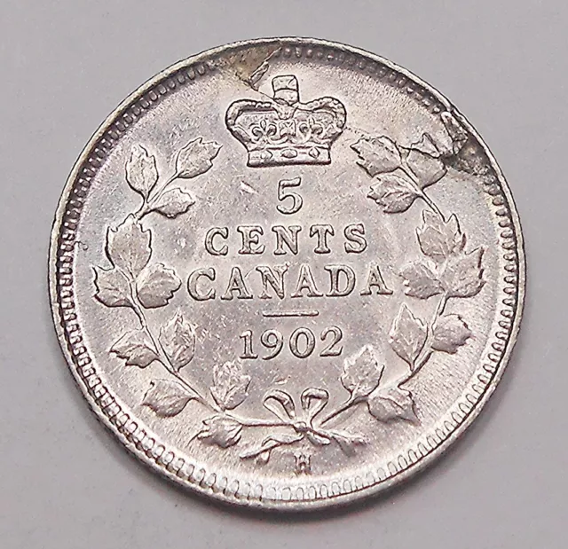 1902H SMALL H ERROR Five Cents Silver EF * RARE King Edward VII UNIQUE Canada 5¢