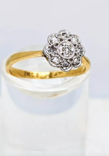 Art Deco 18ct Gold Daisy Ring Diamond Cluster. Size K Stamped 18ct PLAT Antique