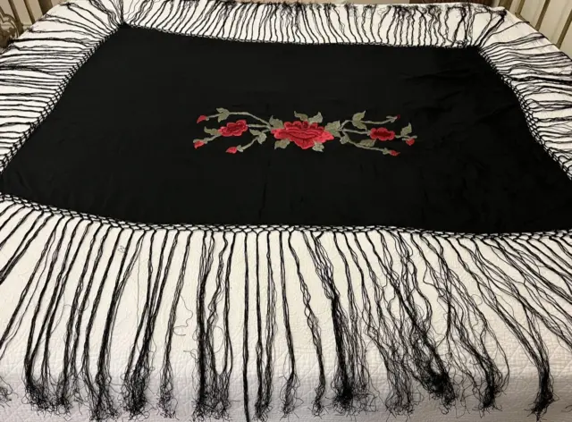 Antique 1920's black silk hand embroidered Piano Shawl