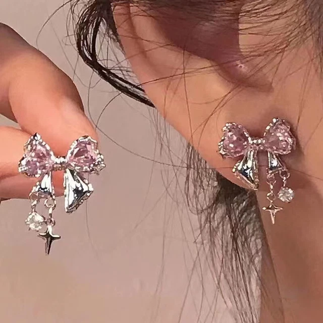 1Pair Korean Style Bowknot Pink Zircon Stud Earrings Sweet Fashion Ear Stud