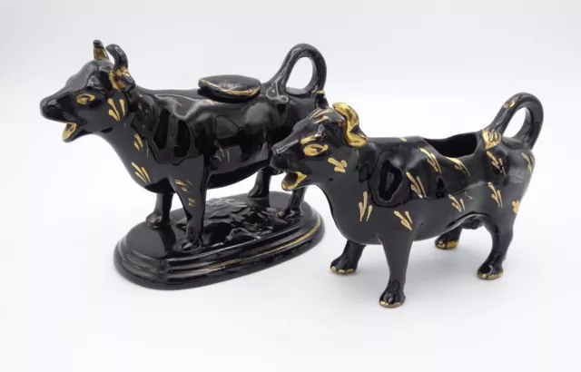 Antique Victorian Staffordshire Jackfield Pottery Pair Black Cow Creamers